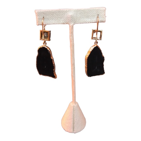 Labradorite and Black Agate Slice gold plated one of a kind wire back Earrings - Picture 4 of 8